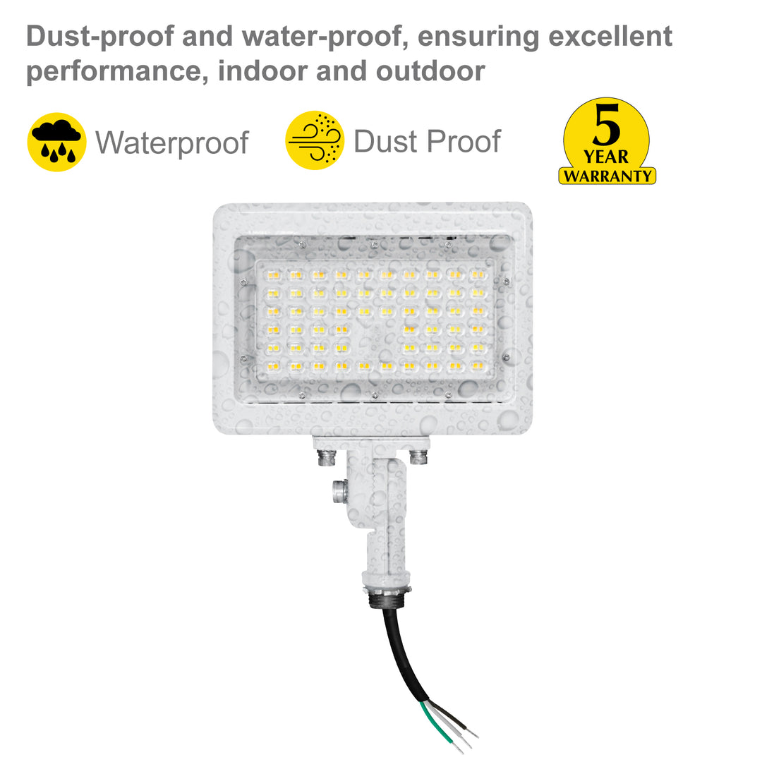 NUWATT LED Flood Light Outdoor - 50W - 7050 Lumens - 3CCT Color Selectable 3000K, 4000K, 5000K - Dimmable - Waterproof LED Flood Light with 1/2" Knuckle Mount - 100-277V - White Finish | Flood Light | Nuwatt Lighting