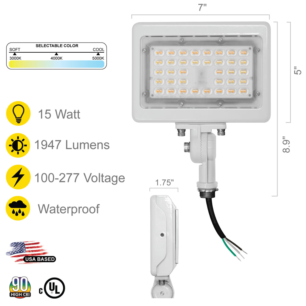 NUWATT LED Flood Light Outdoor - 15W - 1950 Lumens - 3CCT Color Selectable 3000K, 4000K, 5000K - Waterproof LED Flood Light with 1/2" Knuckle Mount - 100-277V- White Finish | Flood Light | Nuwatt Lighting