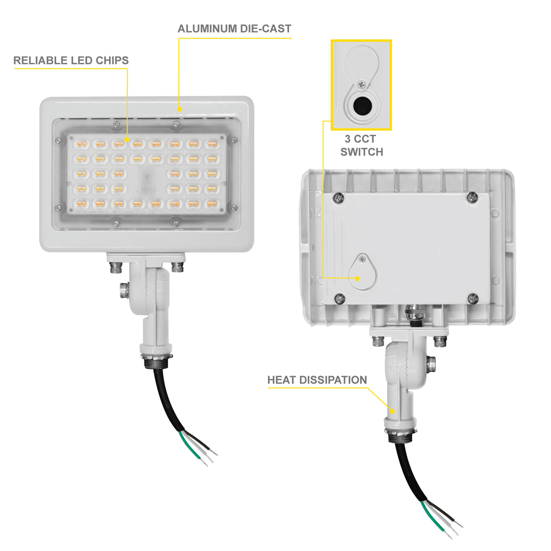 NUWATT LED Flood Light Outdoor - 15W - 1950 Lumens - 3CCT Color Selectable 3000K, 4000K, 5000K - Waterproof LED Flood Light with 1/2" Knuckle Mount - 100-277V- White Finish | Flood Light | Nuwatt Lighting